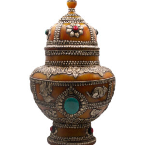 Antique Amber Pot with Silver Carving, Rubies Gemstone and Turquoise Crystal Handcrafted in Nepal