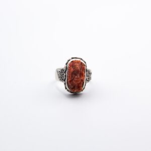 925 Sterling Silver Carved Ganesha of Natural Coral Crystal Ring (5.8 grams)