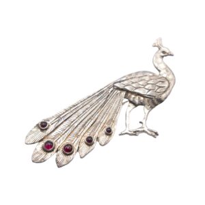 Exquisite 925 Sterling Silver Peacock Design with Red Carnelian Crystals Brooch