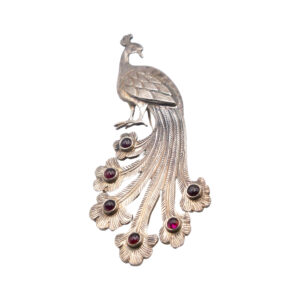 Exquisite 925 Sterling Silver Peacock Design with Red Carnelian Crystals Brooch (7.8 grams)