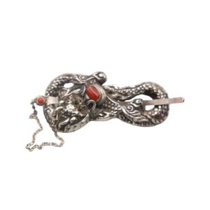 Exquisite 925 Sterling Silver Vintage Chinese Carved Dragon with Coral Belt Buckle