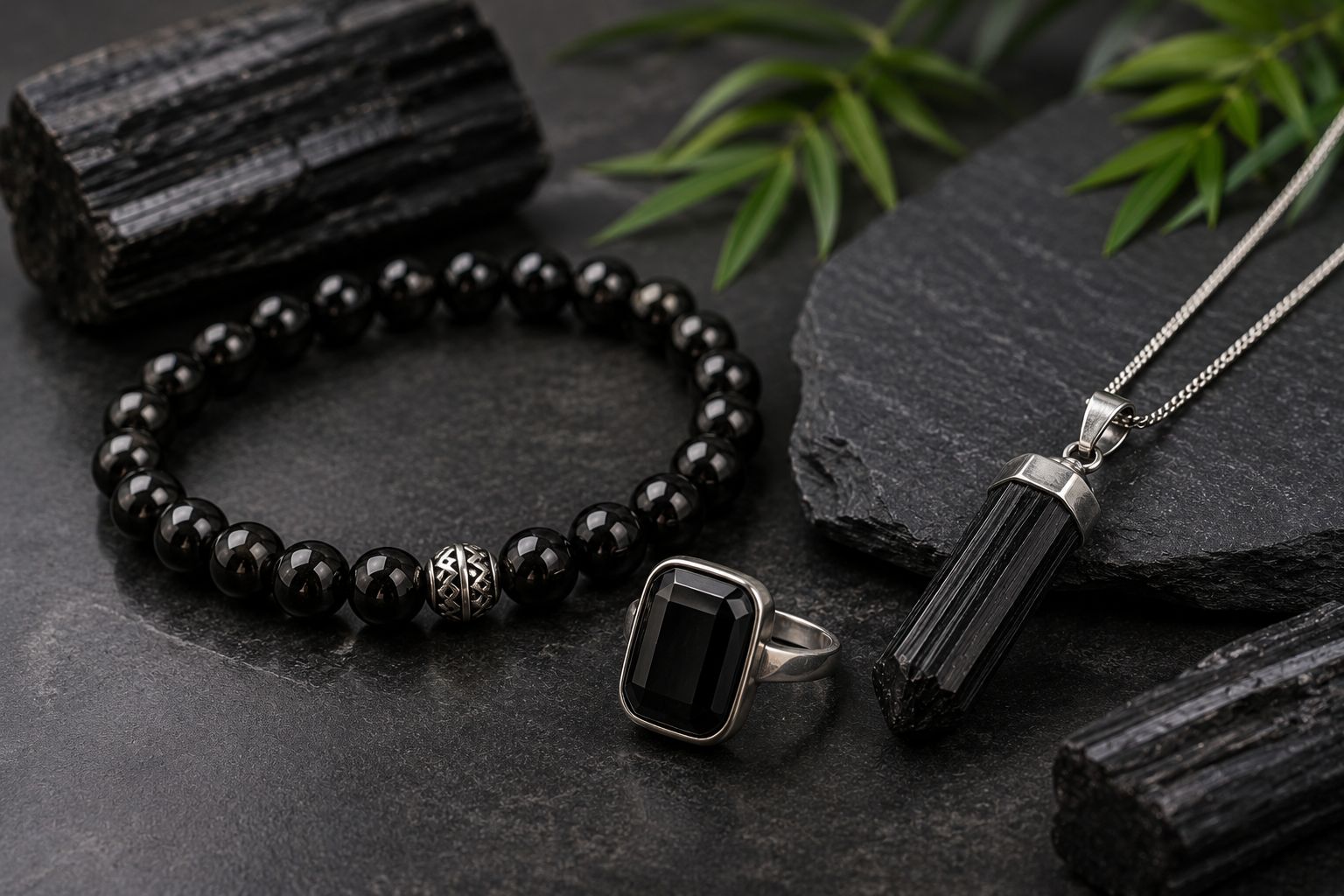 black tourmaline bracelet and rings